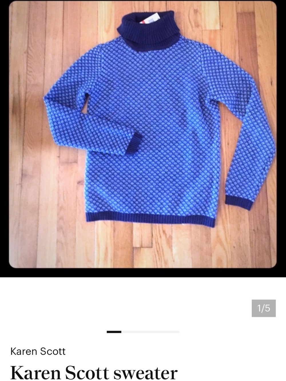 Karen Scott Blue Patterned Turtleneck Sweater with Navy Trim